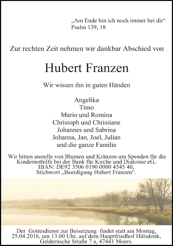  Traueranzeige für Hubert Franzen vom 22.04.2016 aus Rheinische Post