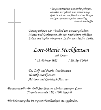 Traueranzeige von Lore-Marie Stockhausen von Rheinische Post