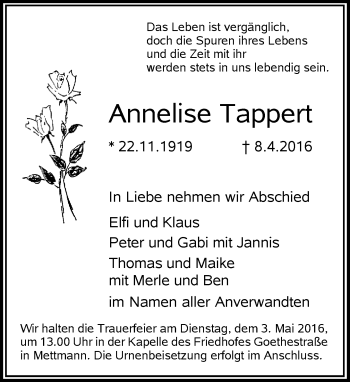 Traueranzeige von Annelise Tappert von Rheinische Post