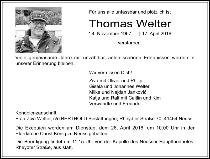  Traueranzeige für Thomas Welter vom 23.04.2016 aus Rheinische Post