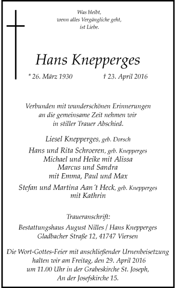 Traueranzeige von Hans Knepperges von Rheinische Post