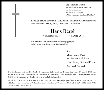 Traueranzeige von Hans Bergh von Rheinische Post