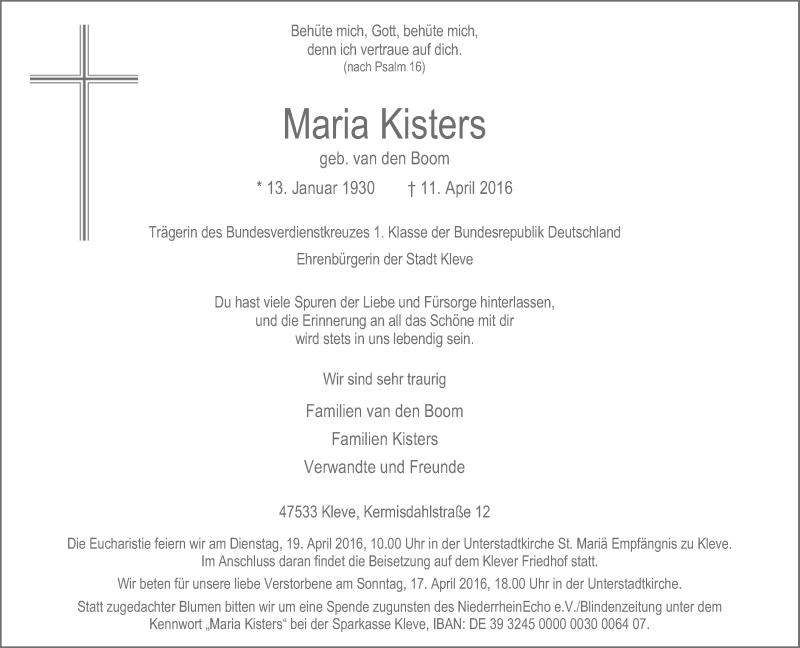  Traueranzeige für Maria Kisters vom 14.04.2016 aus Rheinische Post