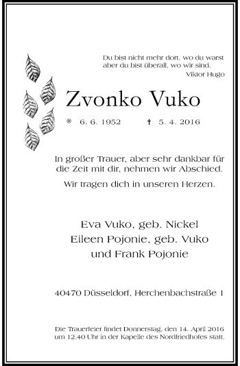 Traueranzeige von Zvonko Vuko von Rheinische Post