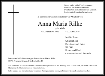 Traueranzeige von Anna Maria Rilke von Rheinische Post
