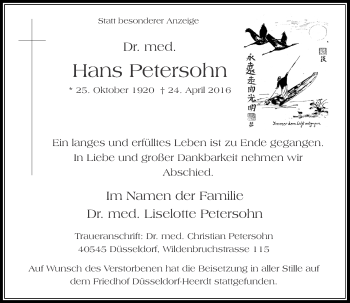 Traueranzeige von Hans Petersohn von Rheinische Post