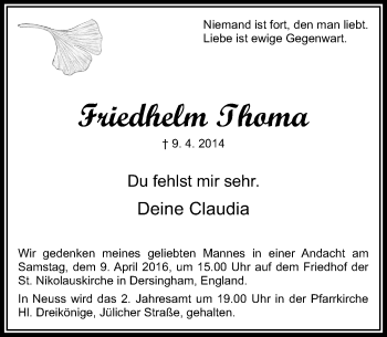 Traueranzeige von Friedhelm Thoma von Rheinische Post