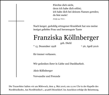 Traueranzeige von Franziska Köllnberger von Rheinische Post