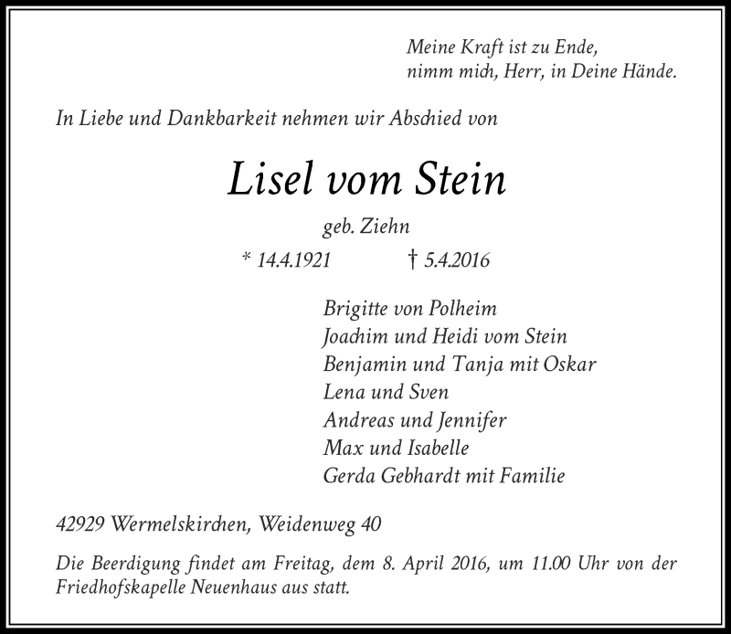  Traueranzeige für Lisel vom Stein vom 06.04.2016 aus Rheinische Post