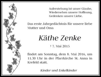 Traueranzeige von Käthe Zenke von Rheinische Post