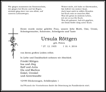 Traueranzeige von Ursula Röttgen von Rheinische Post