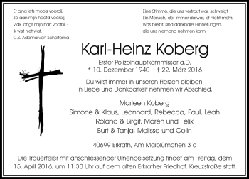 Traueranzeige von Karl-Heinz Koberg von Rheinische Post