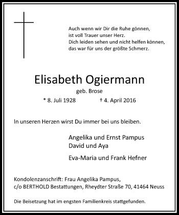 Traueranzeige von Elisabeth Ogiermann von Rheinische Post
