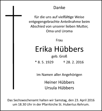 Traueranzeige von Erika Hübbers von Rheinische Post