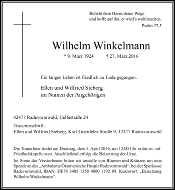 Traueranzeige von Wilhelm Winkelmann von Rheinische Post