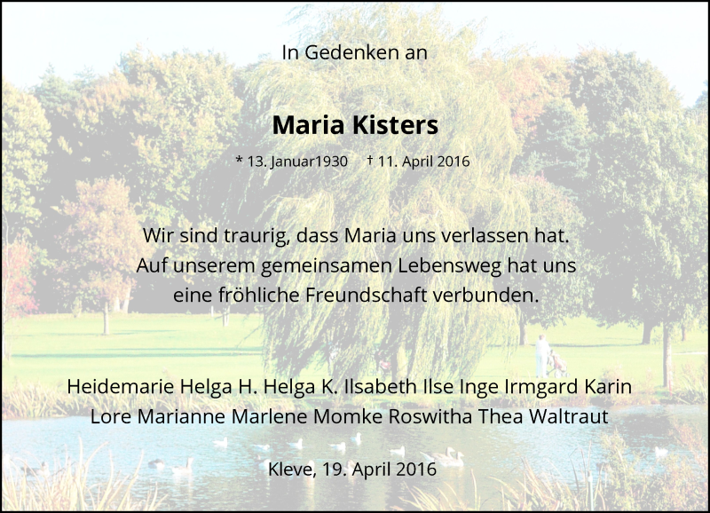  Traueranzeige für Maria Kisters vom 19.04.2016 aus Rheinische Post