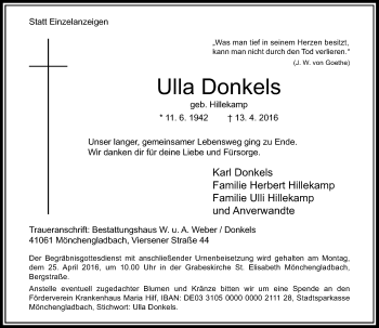 Traueranzeige von Ulla Donkels von Rheinische Post