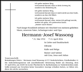 Traueranzeige von Hermann-Josef Wassong von Rheinische Post