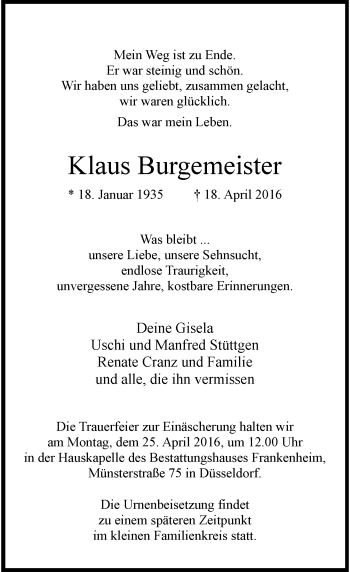 Traueranzeige von Klaus Burgemeister von Rheinische Post