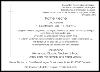 Traueranzeige von Käthe Rieche von Rheinische Post
