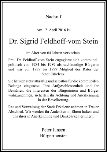 Traueranzeige von Sigrid Feldhoff-vom Stein von Rheinische Post