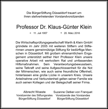 Traueranzeige von Klaus-Günter Klein von Rheinische Post