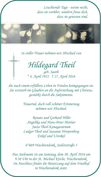 Traueranzeige von Hildegard theil von Rheinische Post