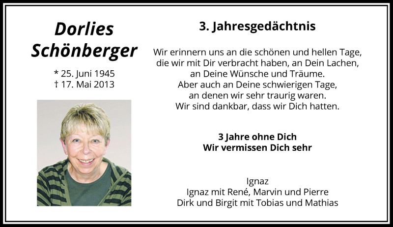  Traueranzeige für Dorlies Schönberger vom 14.05.2016 aus Rheinische Post