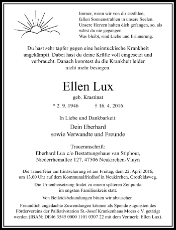 Traueranzeige von Ellen Lux von Rheinische Post