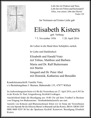 Traueranzeige von Elisabeth Kisters von Rheinische Post