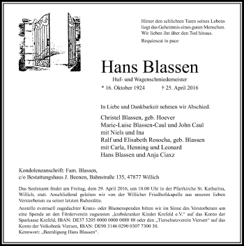 Traueranzeige von Hans Blassen von Rheinische Post