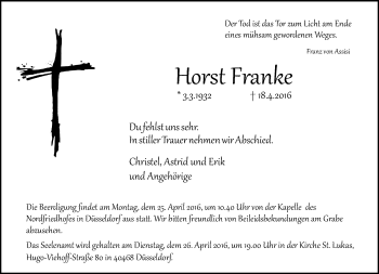 Traueranzeige von Horst Franke von Rheinische Post