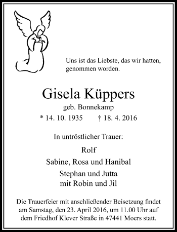 Traueranzeige von Gisela Köppers von Rheinische Post