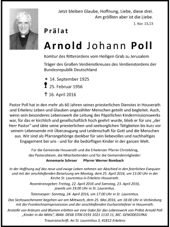 Traueranzeige von Arnold Johann Poll von Rheinische Post