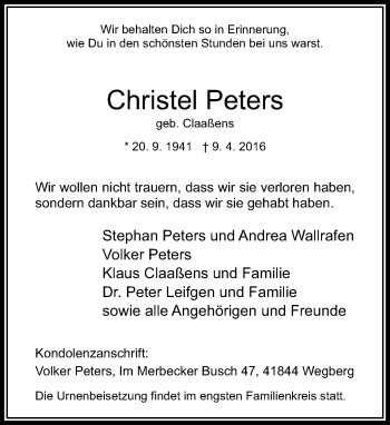 Traueranzeige von Christel Peters von Rheinische Post
