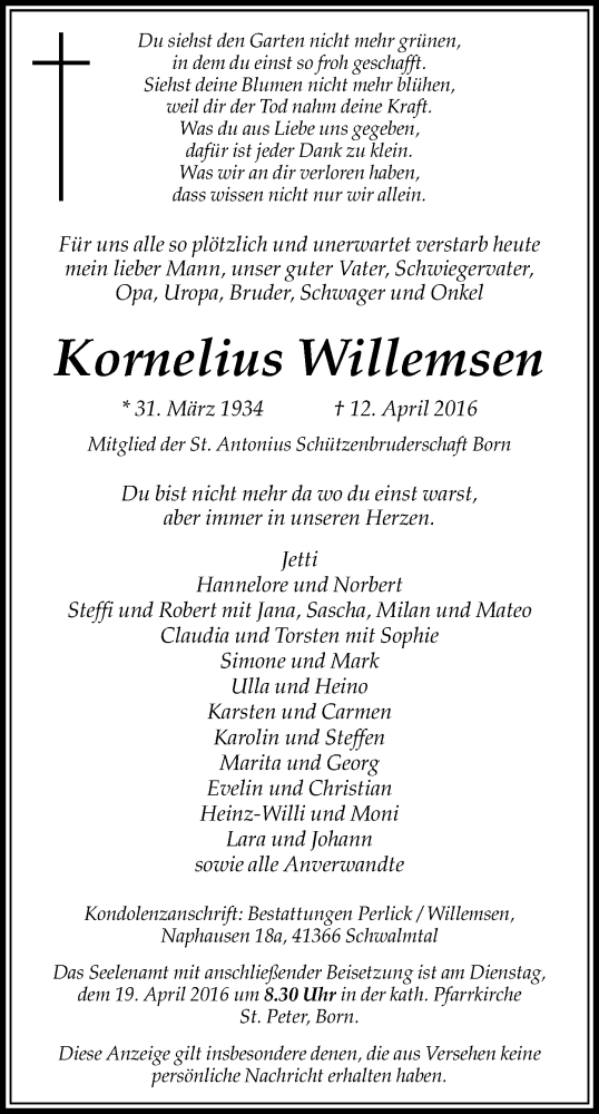  Traueranzeige für Kornelius Willemsen vom 21.04.2016 aus Rheinische Post