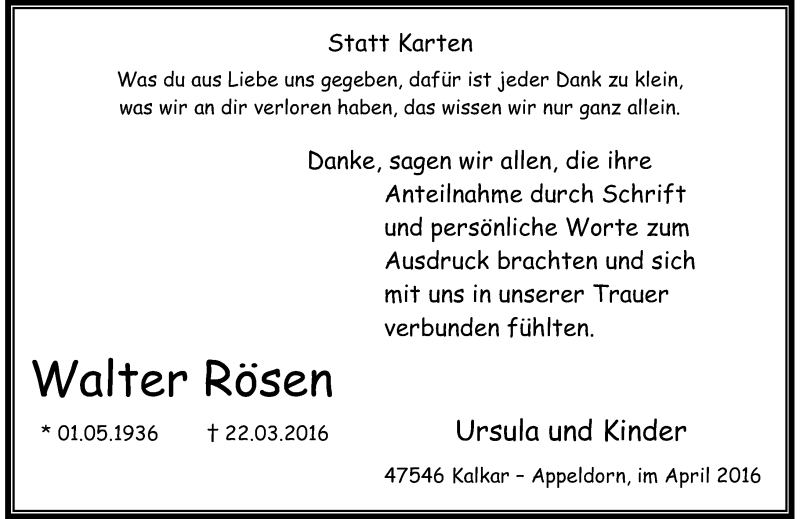  Traueranzeige für Walter Rösen vom 30.04.2016 aus Rheinische Post