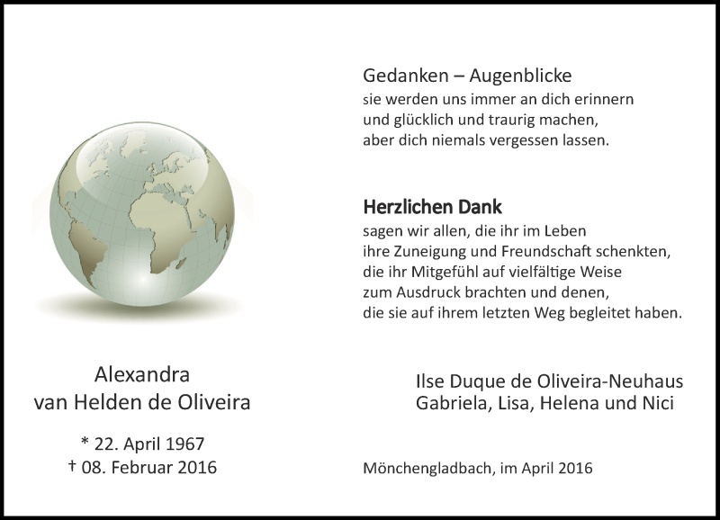  Traueranzeige für Alexandra van Helden de Oliveira vom 02.04.2016 aus Rheinische Post