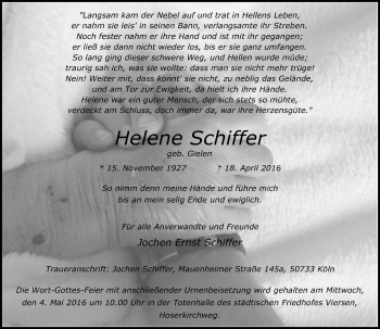 Traueranzeige von Helene Schiffer von Rheinische Post