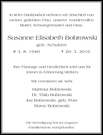 Traueranzeige von Susanne Elisabeth Bobrowski von Rheinische Post