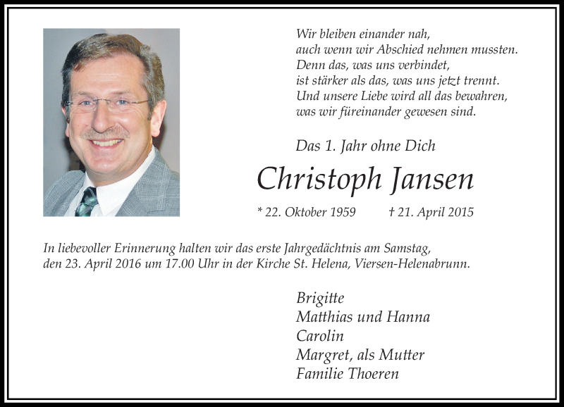  Traueranzeige für Christoph Jansen vom 21.04.2016 aus Rheinische Post