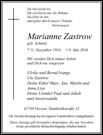 Traueranzeige von Marianne Zastrow von Rheinische Post