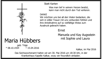 Traueranzeige von Maria Hübbers von Rheinische Post