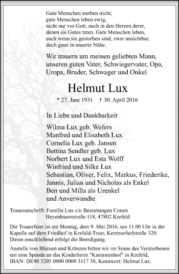 Traueranzeige von Helmut Lux von Rheinische Post