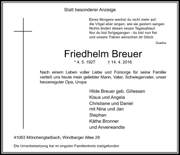 Traueranzeige von Friedhelm Breuer von Rheinische Post