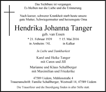 Traueranzeige von Hendrika Johanna Tanger von Rheinische Post