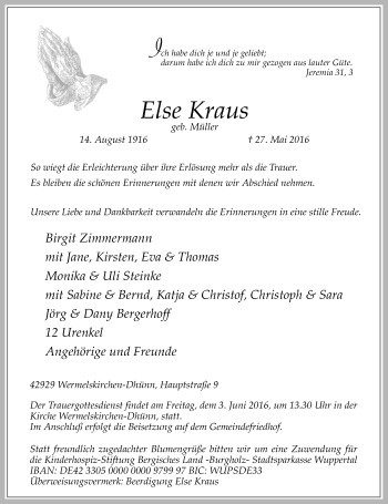 Traueranzeige von Else Kraus von Rheinische Post