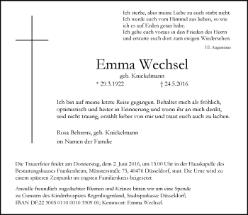 Traueranzeige von Emma Wechsel von Rheinische Post