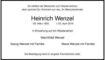 Traueranzeige von Heinrich Wenzel von Rheinische Post