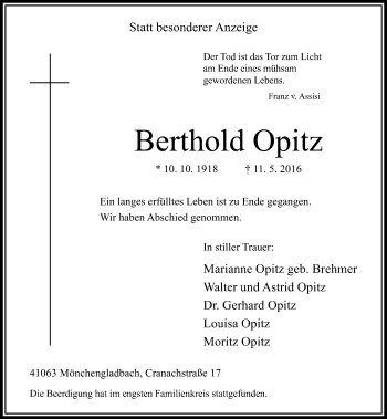 Traueranzeige von Berthold Opitz von Rheinische Post
